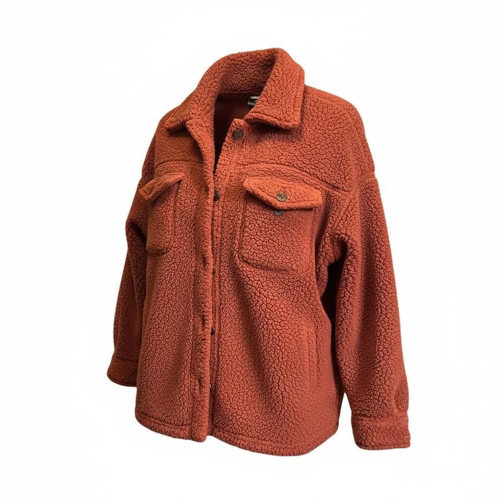 32 Degrees Heat Ladies Cozy Sherpa Shirt Jacket Spiced Apple Red